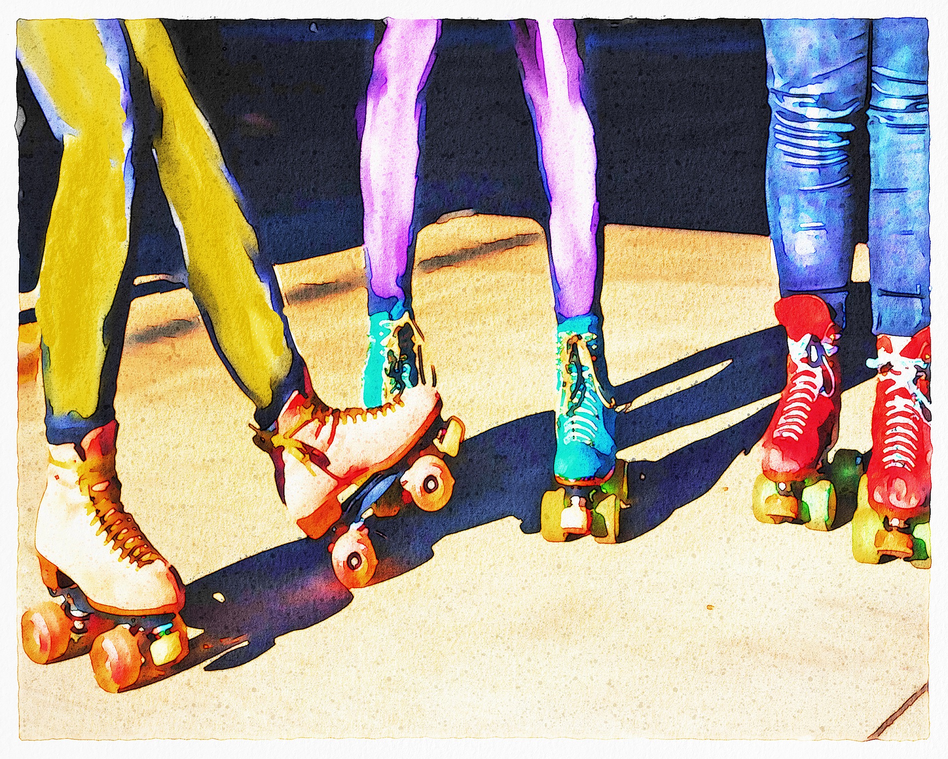 3 pairs of legs wearing roller skates
